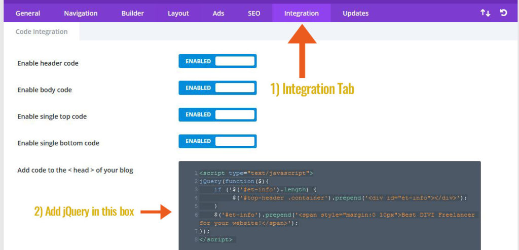 Add jQuery to Integration Tab DIVI